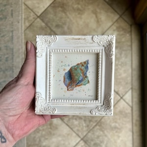 May include: A small, square, white ornate frame holds a watercolor painting of a seashell. The shell is primarily blue and green with orange accents. The frame has decorative corners and a distressed finish.