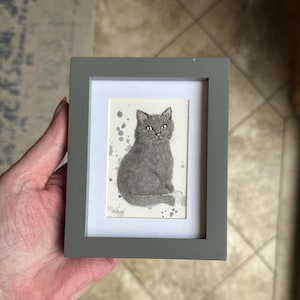 Gray Cat Original Painting - NOT a Print - Tiny Painting - Miniature Art - Watercolor and Acrylic - Frame Included - Home Decor - Gift