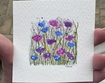 Flower Garden - Original Painting - NOT a Print - TINY painting - Miniature Art - Watercolor - Frame Included