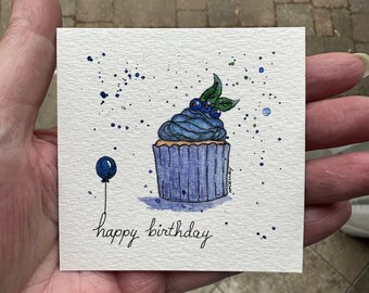 Happy Birthday Cupcake with Blueberries - Original Painting - NOT a Print - TINY painting - Miniature Art - Watercolor - Frame Included