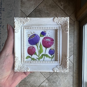 Fancy Flowers Watercolor Painting - Original Painting - NOT a Print - Tiny Painting - Miniature Art - Watercolor - Framed - Gift