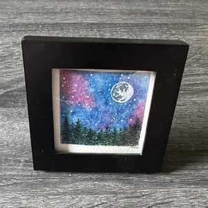 Moon and Stars - Original Painting - NOT a Print - TINY painting - Miniature Art - Watercolor - Frame Included - Semi Abstract