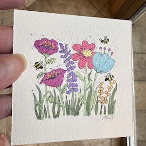 Shimmery Flowers Watercolor Framed Painting - Original Painting - NOT a Print - Tiny Painting - Miniature Art - Watercolor - Framed - Gift
