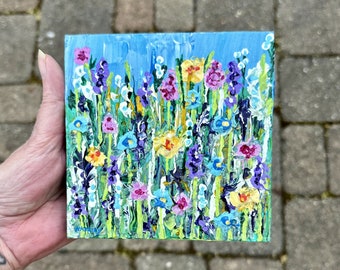 Peinture acrylique originale de fleurs sauvages - montée sur 5 x 5 po. en bois - prête à accrocher ou à poser - Cadeau - oeuvre d'art originale