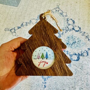 Joy Trees Wood Ornament - Original Painting - NOT a Print - TINY painting - Miniature Art - Watercolor - Gift