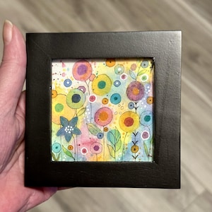 Contemporary Flowers - Original Painting - NOT a Print - TINY painting - Miniature Art - Watercolor - Frame Included - Gift