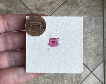Miniature Pink Coffee Cup Watercolor Painting - Framed Ornament Wall Hanging Original Art