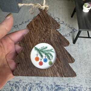 Branch with Button Ornaments Wood Ornament - Original Painting - NOT a Print - TINY painting - Miniature Art - Watercolor - Gift