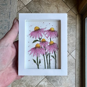 Pink Coneflowers Painting - Original Watercolor Painting - NOT a Print - Tiny Painting - Mini Art - Watercolor - Frame Included - Gift