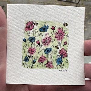 Abstract Flowers - Original Painting - NOT a Print - TINY painting - Miniature Art - Watercolor - Frame Included