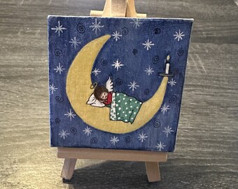 Angel Sleeping on the Moon - Original Painting -Canvas Watercolor- NOT a Print - TINY painting - Miniature Art - Watercolor - Easel Included