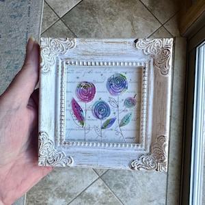 Flowers Contemporary Painting - Original Painting - NOT a Print - Mixed Media - Tiny painting - Mini Art - Watercolor - Frame Included  Gift