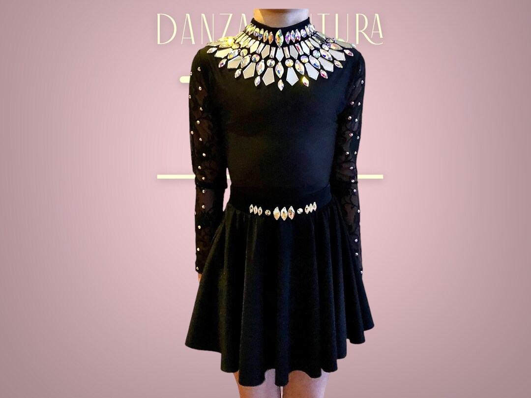 Irish Dance Leotard Costume /embellished Black Lycra Leotard /lycra Skirt Set /long Sleeve Lycra