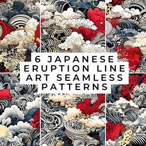 Könnte beinhalten: Sechs nahtlose Muster mit japanischer Wellenkunst in Schwarz, Weiß, Rot und Gold. Die Muster bestehen aus wirbelnden Linien und Formen, die ein Gefühl von Bewegung und Energie erzeugen.