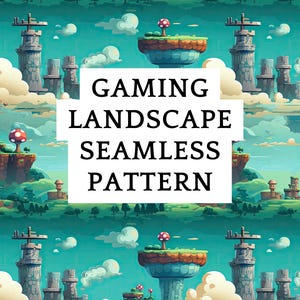 Puede incluir: Un patrón sin costuras que representa un paisaje de juego de fantasía con islas flotantes, plataformas con forma de hongo y altas torres grises sobre un cielo verde azulado. El texto "GAMING LANDSCAPE SEAMLESS PATTERN" está superpuesto en la imagen.