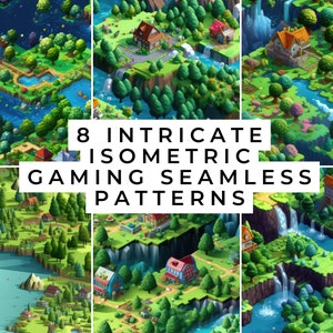 May include: Eight intricate isometric gaming seamless patterns are displayed. The patterns feature colorful, detailed landscapes with buildings, trees, and water features. The text "8 INTRICATE ISOMETRIC GAMING SEAMLESS PATTERNS" is overlaid on the image.