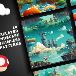 Pode incluir: Um conjunto de 10 padrões de paisagem pixelados sem costura que apresentam uma variedade de elementos coloridos, incluindo nuvens, cogumelos, castelos e ilhas flutuantes. Esses padrões são perfeitos para criar fundos de videogames ou outros projetos de arte digital.
