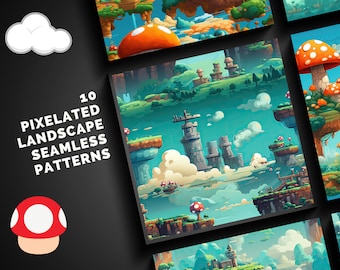 10 Pixelated Landscape Seamless Patterns, Seamless Patterns, Digital Download, Seamless Tile Background, Mario [Instant Download]