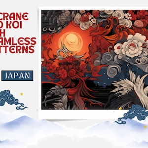 May include: A seamless pattern featuring a white crane and red koi fish swimming in a swirling cloud formation. The background is a dark blue with a red sun and white stars. The pattern is inspired by Japanese art and culture.