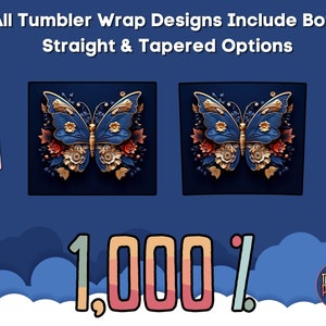 May include: Two images of a gold and blue butterfly with floral accents on a dark blue background. The text "1,000%" is below the images. The text "Thousand Percent" is in a circle below the text "1,000%".