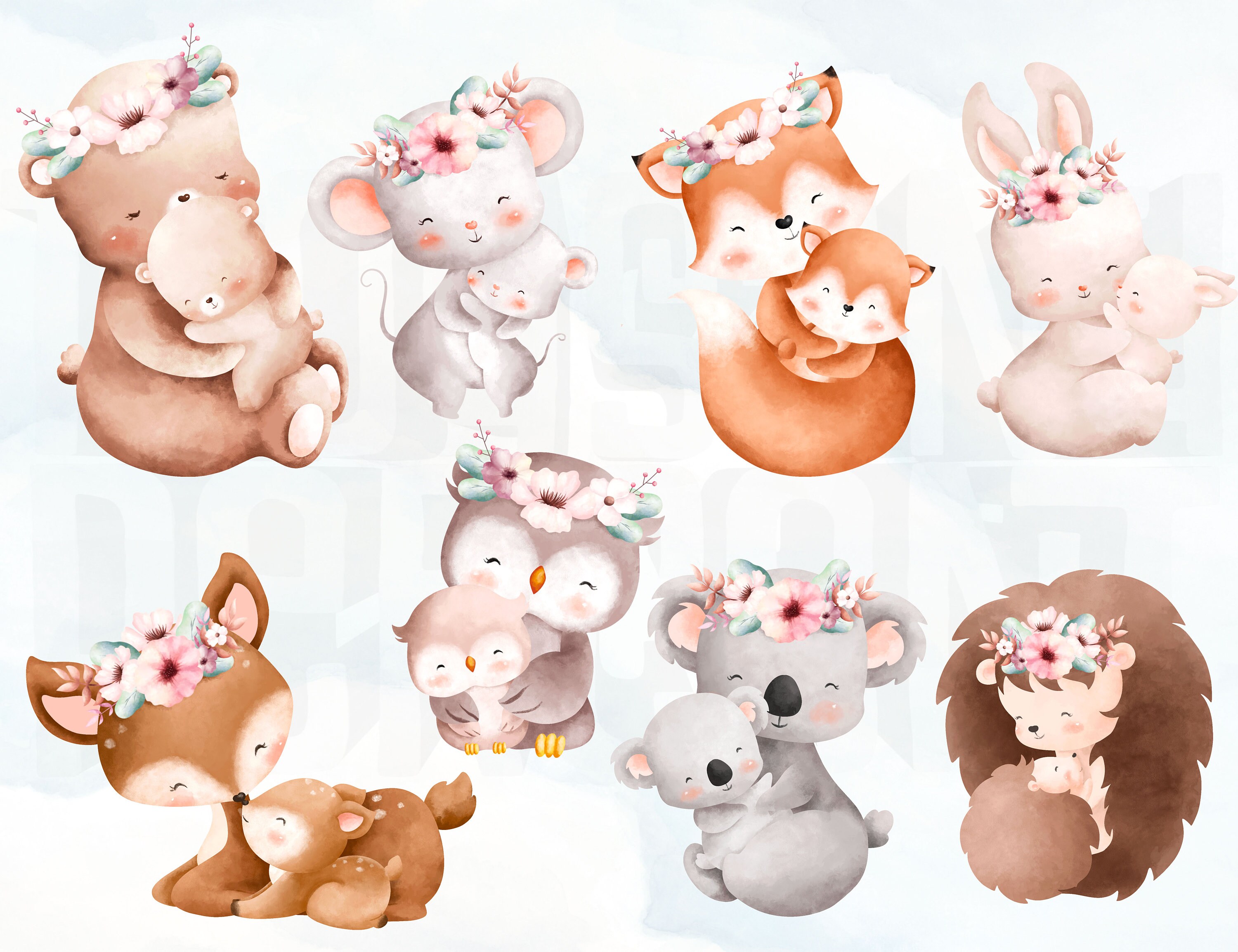 Watercolor Woodland Baby Animals Clipart, Mom and Baby Forest Animals