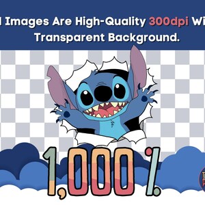May include: A blue cartoon character with large eyes and a toothy grin is peeking out of a torn piece of paper. The character is surrounded by blue clouds and the text "1,000%" is written in rainbow colors. The text "THOUSAND PERCENT" is written in black on a red circle.