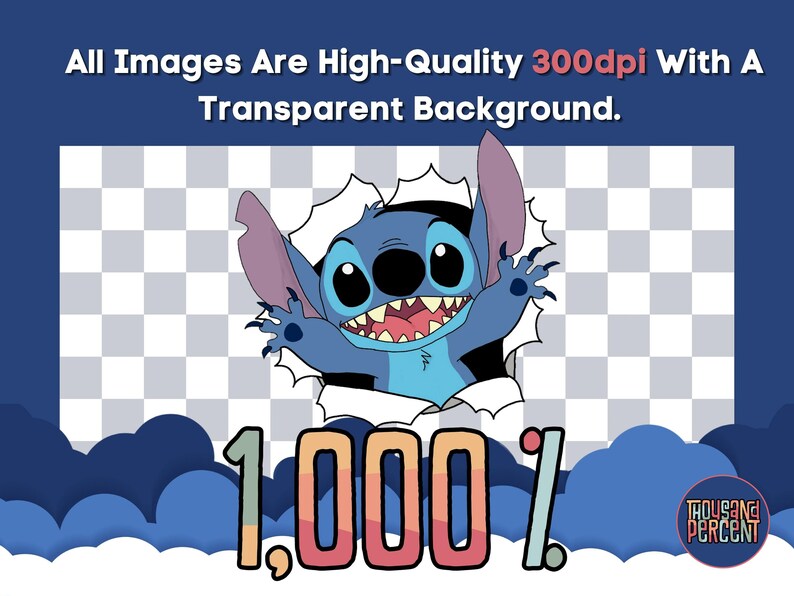 May include: A blue cartoon character with large eyes and a toothy grin is peeking out of a torn piece of paper. The character is surrounded by blue clouds and the text "1,000%" is written in rainbow colors. The text "THOUSAND PERCENT" is written in black on a red circle.