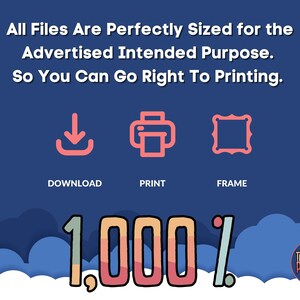 May include: A blue background with white clouds and a large pink and yellow number "1,000%" with the text "Thousand Percent" in a circle. The text "All Files Are Perfectly Sized for the Advertised Intended Purpose. So You Can Go Right To Printing." is at the top of the image. Three icons are below the text: a download icon, a printer icon, and a frame icon.
