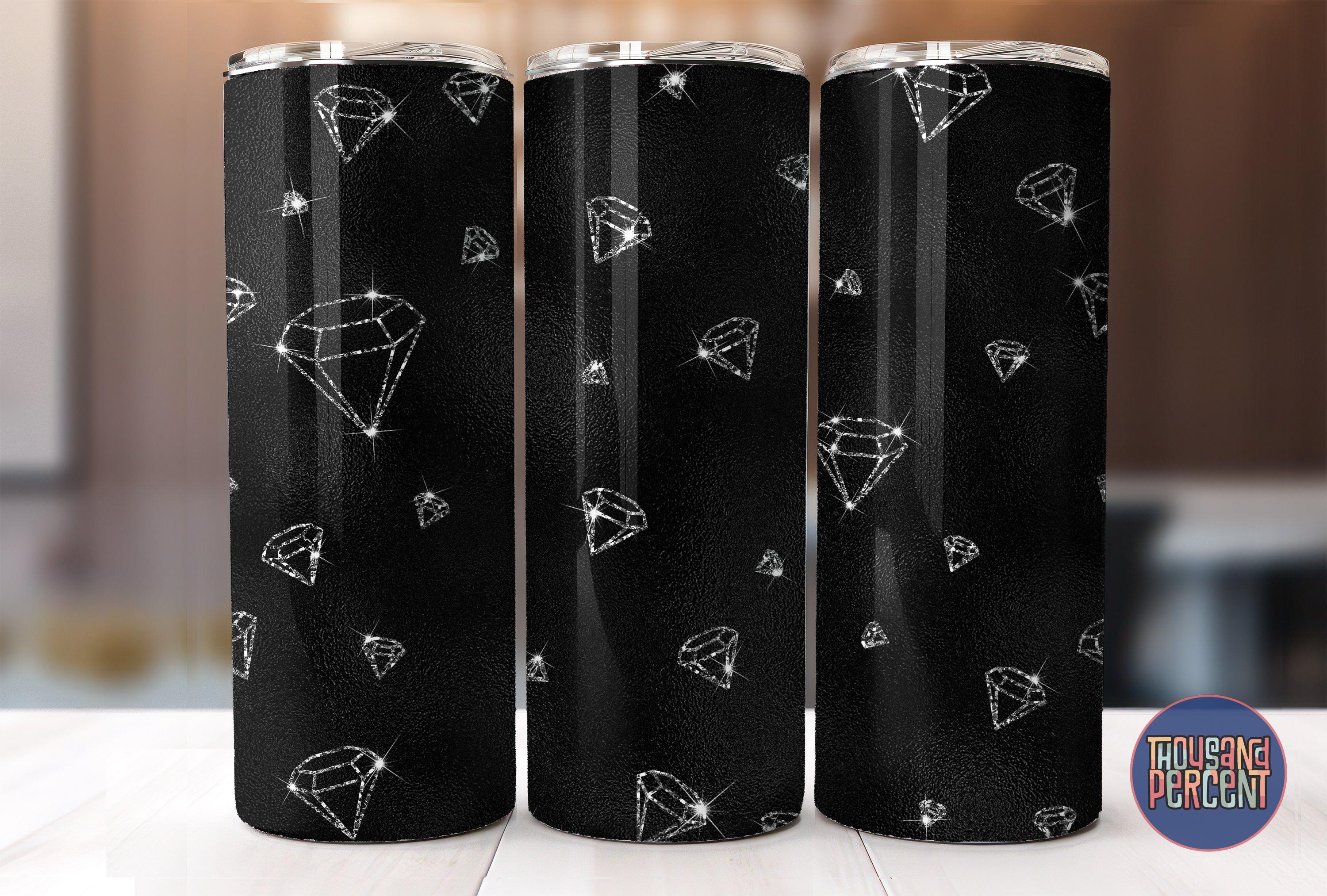 Diamond Tumbler Wrap Sublimation Design for Skinny 20oz Tumblers; Seamless Glitter Diamonds on Shimmering Black, Commercial Use Download Png