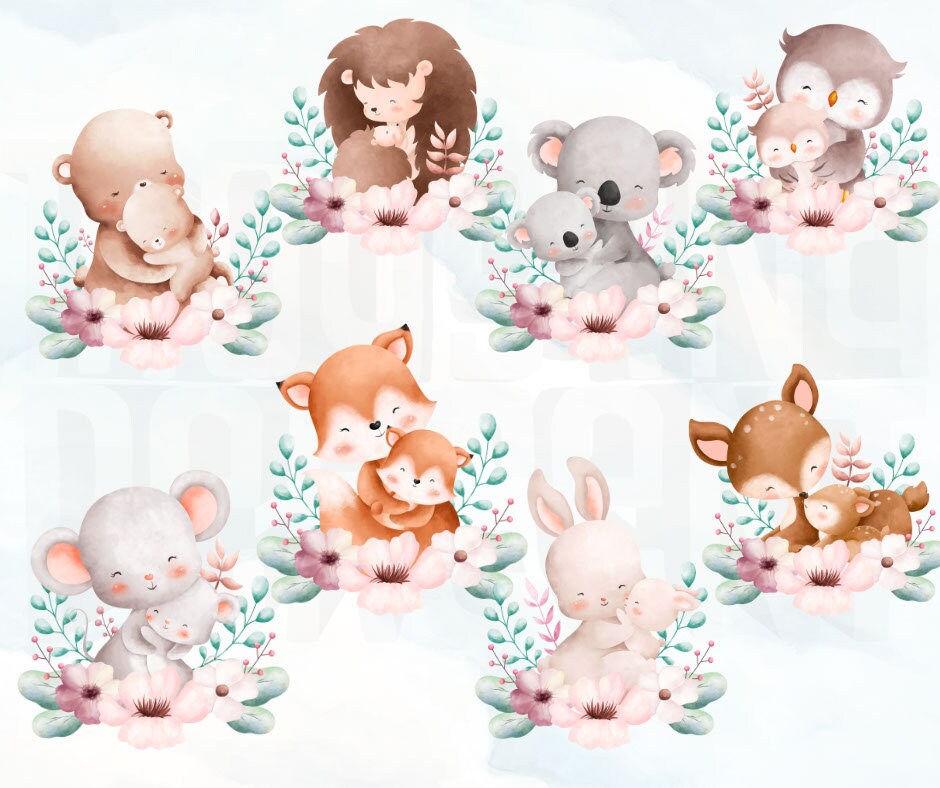 Watercolor Woodland Baby Animals Clipart, Mom and Baby Forest Animals
