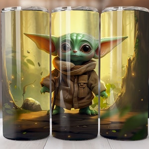 May include: A green and brown character with large ears and big eyes stands in a forest setting. The character is wearing a brown coat and has a green face. The background is a blurred image of trees and leaves.