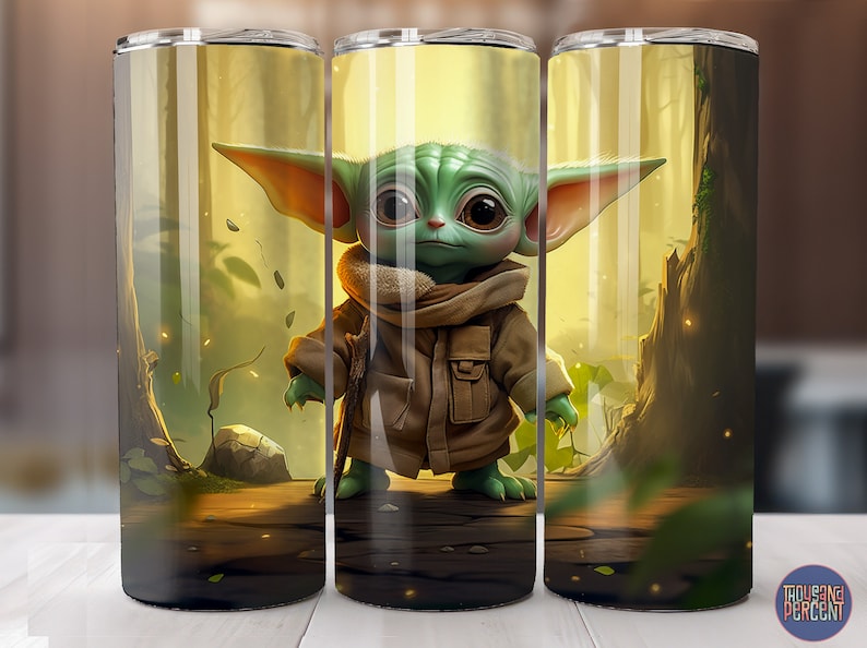 May include: A green and brown character with large ears and big eyes stands in a forest setting. The character is wearing a brown coat and has a green face. The background is a blurred image of trees and leaves.
