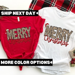 Merry Christmas Shirt, Cute Christmas Tees, Christmas Shirt, Women Holiday Shirt, Leopard Print Christmas Tree Shirt, Christmas Family Shirt
