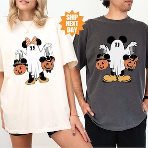 Chemises rétro Comfort Colors® pour couple d&#39;Halloween Mickey Minnie, Chemise Halloween Disney, Chemise Halloween assortie Disney, Chemise Mickey Ghost