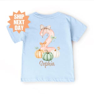 May include: A light blue short-sleeve t-shirt featuring a large pink number two decorated with bows, surrounded by three pumpkins in orange, green, and white, with the name Sophia printed in brown script lettering below the graphic.