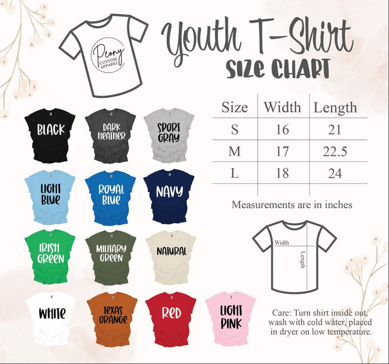 the youth t - shirt size chart is shown