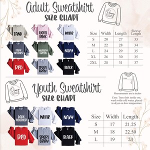 adult sweatsuit size chart with different styles and colors