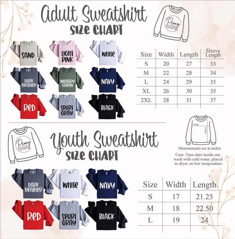 adult sweatsuit size chart with different styles and colors