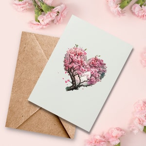 Cherry Blossom Heart Greeting Card, Valentine&#39;s Day Card, thinking of you Card, Sakura Heart Love Cards, Japanese, Luxury Keepsake Cards