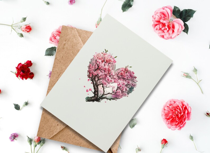 Cherry Blossom Heart Greeting Card, Mother's Day Card, Thinking of You ...