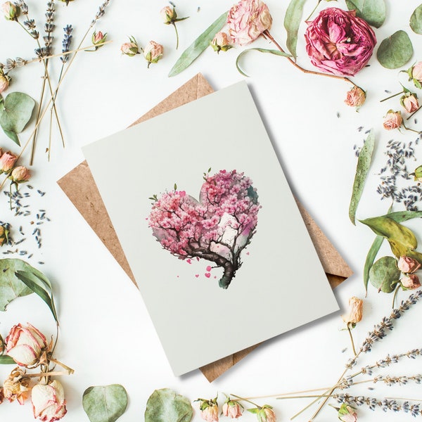 Cherry Blossom Heart Greeting Card, Mother's Day Card, thinking of you Card, Sakura Heart Love Cards, Japanese, Luxury Keepsake Cards