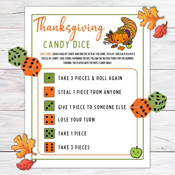 Thanksgiving Dice Game, Thanksgiving Candy Dice, Thanksgiving Games Printable, Office Party Games, Holiday Games, Friendsgiving Games