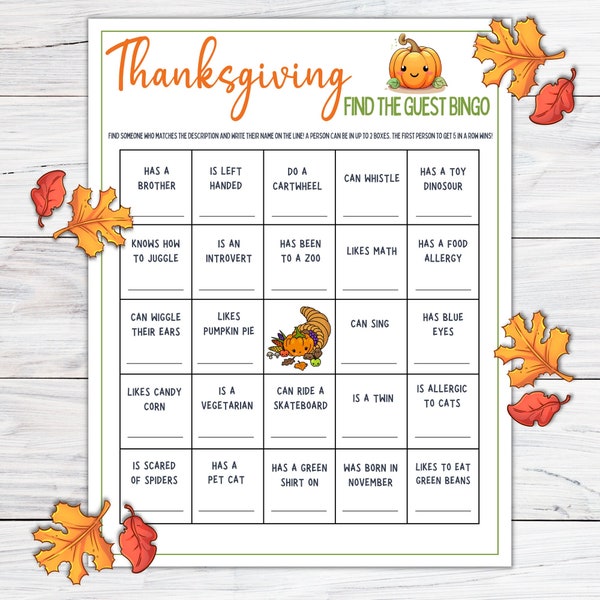 Thanksgiving Find The Guest Bingo, Icebreaker Game, Thanksgiving Games For Kids, Holiday Games, Autumn Games, Thanksgiving Activities