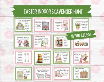 Indoor-Ostern-Schnitzeljagd, druckbare Oster-Schnitzeljagd für ältere Kinder, Teenager-Ostern-Schnitzeljagd-Hinweise, Oster-Gruppenspiele für Kinder