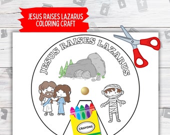 May include: A printable coloring craft featuring Jesus raising Lazarus from the tomb. The craft includes a circle with a picture of Jesus, Lazarus, and the tomb. The circle is surrounded by the words "Jesus Raises Lazarus". There are crayons in a box below the picture.