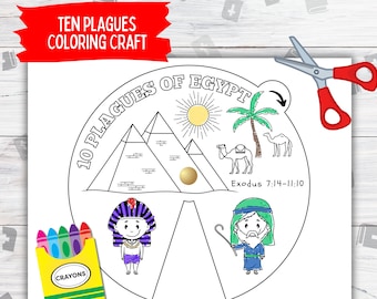 May include: A printable coloring craft featuring the Ten Plagues of Egypt. The craft includes a circle with images of the pyramids, a camel, a palm tree, a sun, Moses, and Pharaoh. The text "10 Plagues of Egypt" is written around the circle. The text "Exodus 7:14-11:10" is written below the circle. The craft is designed to be cut out and colored.