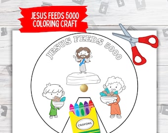 May include: A black and white colouring page featuring Jesus feeding 5000 people. The page includes a box of crayons and a pair of scissors. The text "JESUS FEEDS 5000 COLORING CRAFT" is at the top of the page.