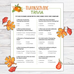 Thanksgiving Trivia Game, Printable Thanksgiving Game, Thanksgiving Game for Kids, Thanksgiving Game for Adults, Printable Thanksgiving Game
