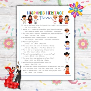 May include: A printable Hispanic Heritage Trivia game with 12 multiple choice questions. The questions cover topics such as history, culture, and famous people. The game is illustrated with cartoon images of people in traditional clothing.