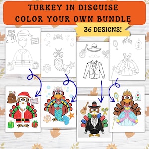 Może przedstawiać: Zestaw kolorowanek z tekstem "TURKEY IN DISGUISE COLOR YOUR OWN BUNDLE 36 DESIGNS!". Strony przedstawiają ilustracje indyków przebranych za Świętego Mikołaja, syrenę, mariachi i księżniczkę, z konturami do kolorowania.